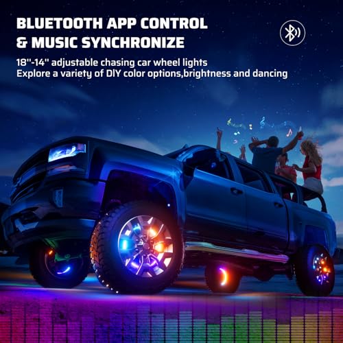 Image of Ehaho 14''-18'' Double Row Adjustable Wheel Lights, Brighter RGB Chasing Rim Lights with App, Music Wheel Ring Light with Turn & Braking Signal Compatible with Various Trucks SUV Car（4PCS）