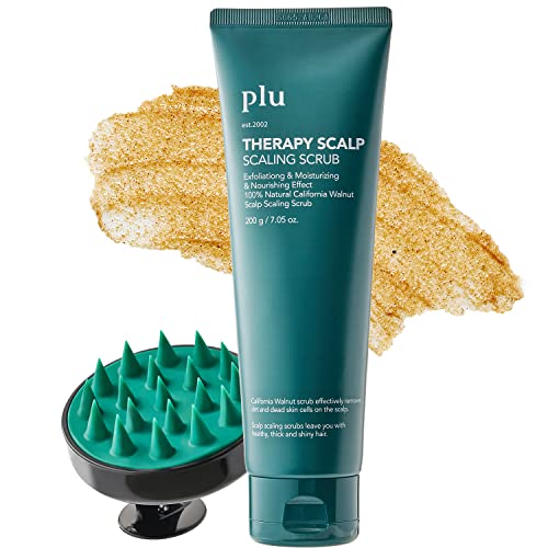 PLU Therapy Scalp Scaling Scrub With Silicone Massager Brush - Walnut Scrubber Gel for Oily Scalp and Dandruff - Exfoliating & Deep Cleansing Combo Set
