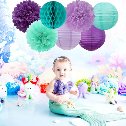 Image of Teal-Purple Party-Decorations Paper Flowers Lanterns - 15PCS Lavender Girl Mermaid-Birthday Tissue Pom Poms Streamers,Baby Bridal Shower Wedding Classroom Hanging Supplies Decor Hugfond