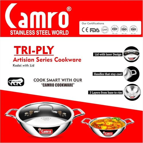 Image of Camro Triply Stainless Steel Kadhai 34 cm | 8 Liter Capacity | Induction Bottom Deep Cooking Kadai | Heavy Duty Cookware | Gas & Induction Compatible | Dishwasher Safe | Mirror Finish