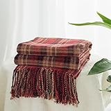 GINAMUSE Chenille Plaid Throw Blanket for Couch with Tassels,50'X60' Soft Lightweight Knitted Boho Decorative Blankets for Bed and Sofa,Red