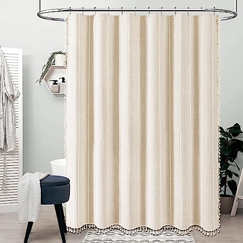 BTTN Boho Farmhouse Shower Curtain, Linen Rustic Weighted Striped Cloth Shower Curtain Set with Tassel, Water Repellent, Bohemian Vintage Country Fabric Shower Curtain for Bathroom, Cream/Beige, 72x72 by BTTN - Image 2