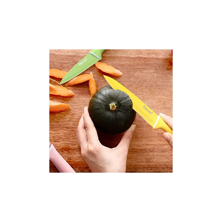 hecef Colorful Knife Set, 6 Pieces Kitchen Knife Set with Covers, Dishwasher Safe, Stainless Steel Colour Coded Non-Stick Cooking Knife Set Including Paring, Utility, Bread, Carving