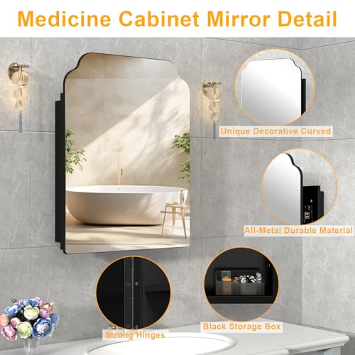Image of 20 inchx26 inch Black Irregular Recessed Medicine Cabinet Mirror, Frameless Victorian Bathroom Decorative Mirror with Storage, Surface Mount Medicine Cabinets for Bathroom, Full Metal, 2 Removable Shelves