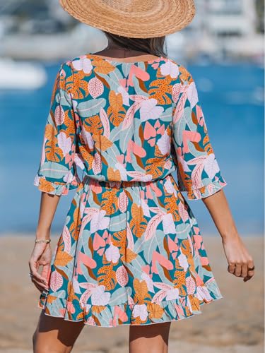 Image of CUPSHE Beach Dress for Women Casual Summer V Neck Tropical Half Sleeves Belted Ruffled Vacation Mini Dress
