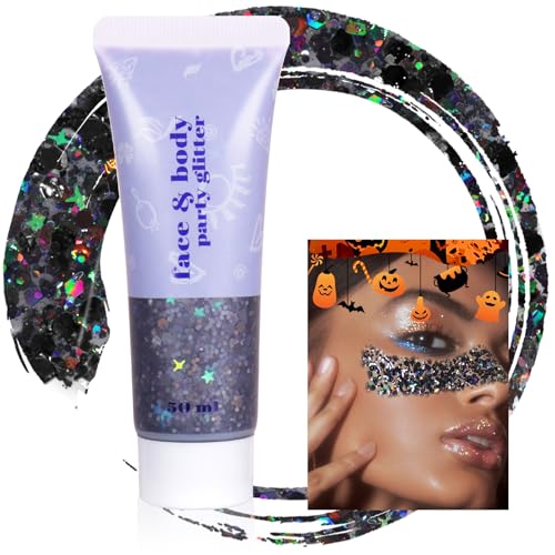 Boko 50ML Body Glitter Gel, Black Halloween Chunky Glitter Gel