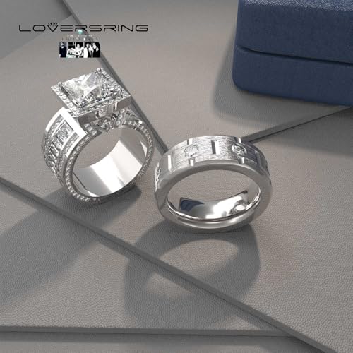 LOVERSRING 2pc His and Hers Couple Ring Bridal Sets Women White Gold Plated Square Moissanite Man Titanium Band Wedding Ring for Him and Her3