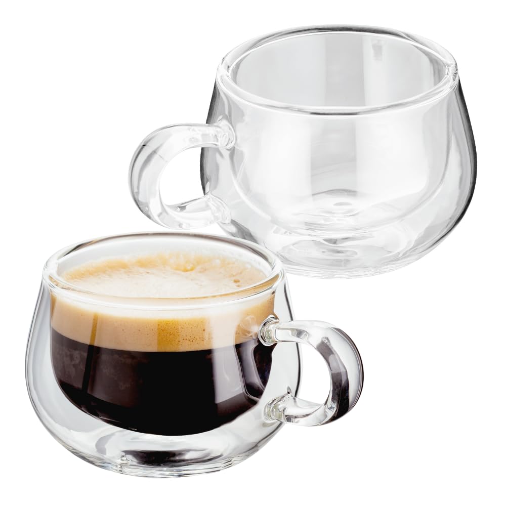 Judge Transparent Espressotassen Aus Glas Doppelwandige Kaffeegläser Mit Henkel - Vakuumisolierte Doppelwandige Gläser, 2Er-Set, 75 Ml – Kaffee Gläser Set, Kunsthandwerklich Gefertigt - Stabil, Hitzebeständig