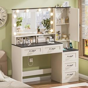 Farmhousevanitydeskwithmirrorand10ledlights453largemakeupvanitytablewithpoweroutlet5drawersand1cabinetvanitysetdressingtablewith9hooksforwomengirlswhiteblack Urban Country Home Decor Farmhouse vanity desk with mirror and 10 led lights 453 large makeup vanity table with power outlet 5 drawers and 1 cabinet vanity set dressing table with 9 hooks for women girls whiteblack urban country home decor