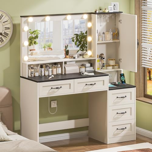 Farmhousevanitydeskwithmirrorand10ledlights453largemakeupvanitytablewithpoweroutlet5drawersand1cabinetvanitysetdressingtablewith9hooksforwomengirlswhiteblack Urban Country Home Decor Farmhouse vanity desk with mirror and 10 led lights 453 large makeup vanity table with power outlet 5 drawers and 1 cabinet vanity set dressing table with 9 hooks for women girls whiteblack urban country home decor