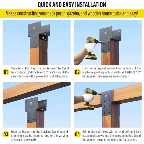 Aecxm 6"x6" (Actual 5.5"x5.5") Heavy Duty Post Caps Tie Brackets for Wood, Deck Post to Beam Connector Bracket(Serial Post) 2Pack - Image 6
