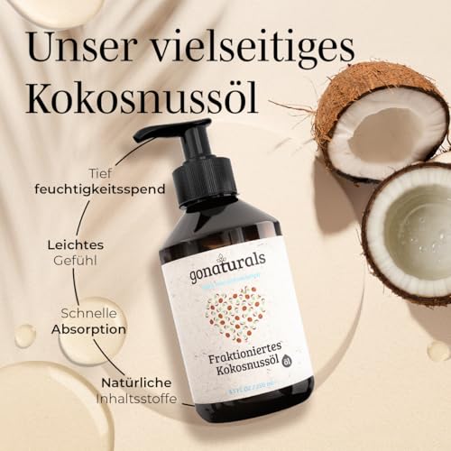 GoNaturals Fraktioniertes Kokosöl - 250ml - 100% Reines natürliches Kokosnussöl - Coconut Oil for hair, Kokosöl flüssig, Kokosöl Haare, Kokosöl Haut & Nägel - Schnelleinziehend und Nicht-Fettend