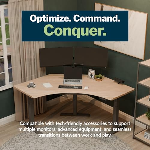 Image of Vari Command Center Electric Standing Desk - 120 Curved Sit-Stand Gaming Desk Corner Workstation for Triple Monitors + Sloped Front Edge, 4 Height Settings, 200 lb Capacity (Light Wood /Slate)