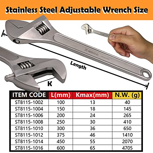 Wedo Stainless Steel Adjustable Wrench, Adjustable Spanner, Precision Milled Jaws For Max Gripping Power, Anti-Corrosion, Din Standard, Die-Forged, Rust-Proof, Durable, Open Max 13Mm, 4" Length #TOP1