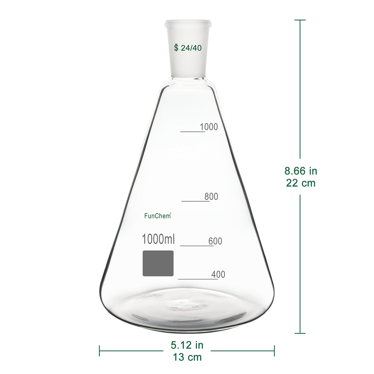 FunChem Fiole Erlenmeyer en verre 24/40, verre borosilicate gradué avec joint extérieur conique standard 24/40, 1000 ml