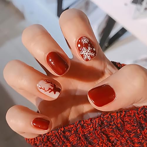 24 Piezas Navidad Uñas Postizas Cortas, Cuadradas Rojo Francesas Uñas Artificiales, 12 Tamaños Press on Nails con Diseño de Copo de Nieve & Alce, Acrílicas Kit Uñas Falsas para Mujeres y Niñas