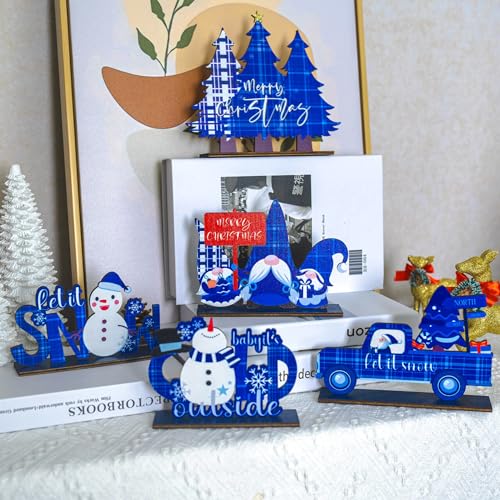 NEROSUN 5 PCS Christmas Table Centerpiece Decorations, Wooden Xmas Snowman Santa Claus Gnome Table Decorations Signs, Merry Christmas Table Toppers for Holiday Home Party Indoor Decor (Blue)