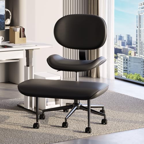 Image of Pinmoco Cross-Legged Office Chair with Footrest, PU Leather Armless Desk Chair, Wide Padded Seat for Cross Leg Sitting, Adjustable Height & Swivel, Modern Home Office Chair, Black