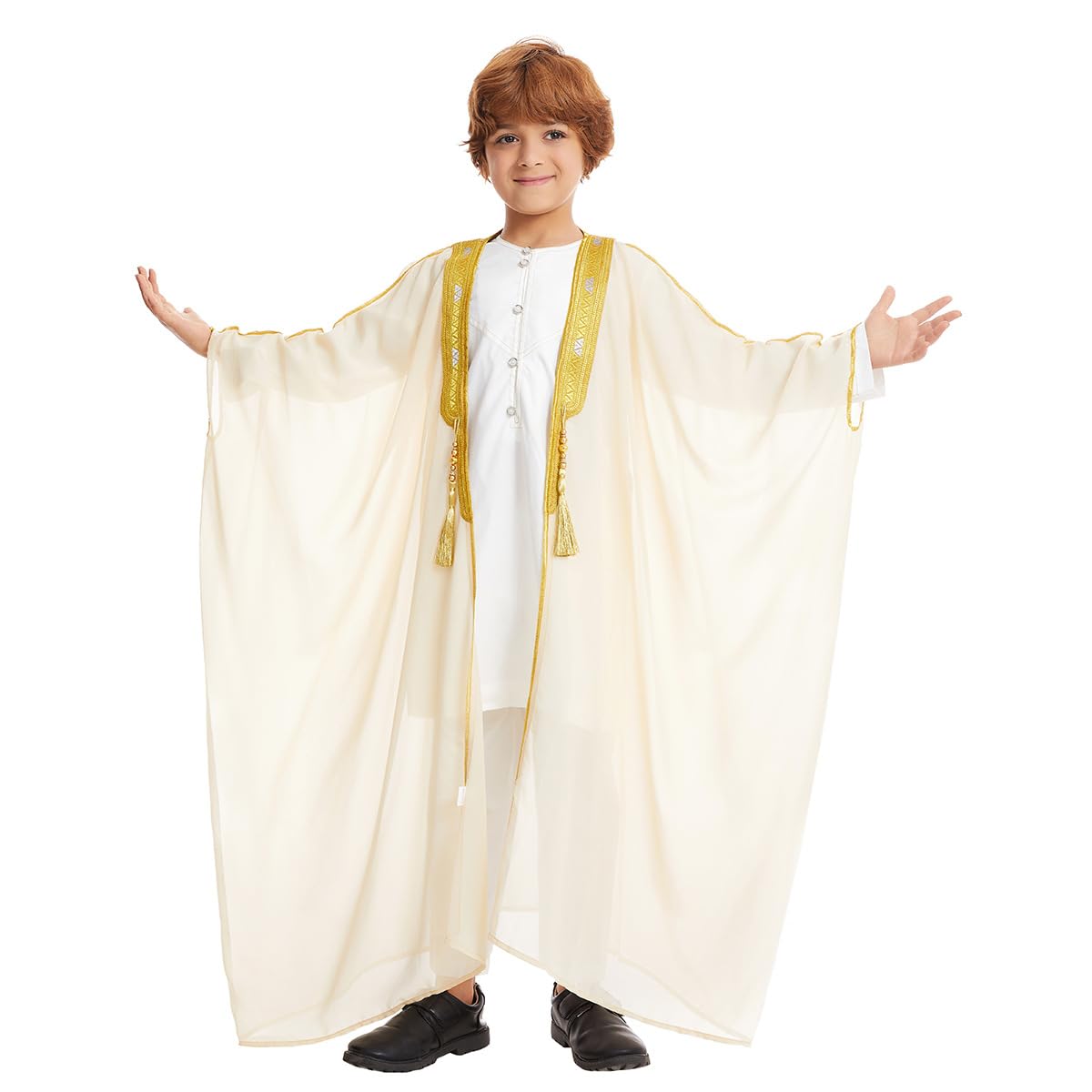 FYMNSIOpen Front Kaftan for Boys Muslim Kids Abaya Islamic Prayer Clothes Embroidered Long Sleeve Cardigan Dress Chiffon Robe