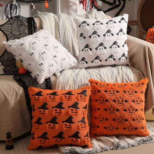 Halloween Decorations Set of 2 Double-Sided Halloween Pillow Covers 16" x 16", with 2 Different Looks, Cure White Ghost & Ghost with Hat, Plush Faux Fur Throw Pillow Covers for Home Decor