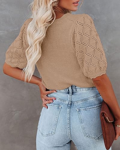 Image of Womens Short Sleeve Sweaters Crewneck Knit Pullover Tops 2025 Summer Casual Lightweight Crochet Blouse Shirt