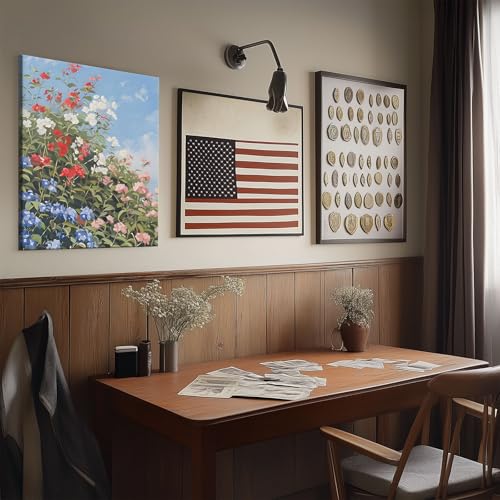 Image of Memorial Day Canvas Wall Art, Red White Blue Flower Pictures Print, Summer Wildflower Bloom Under Blue Sky Poster, Patriotic Memorial Day Floral Framed Art for Farmhouse or Porch Decor 20x24inch