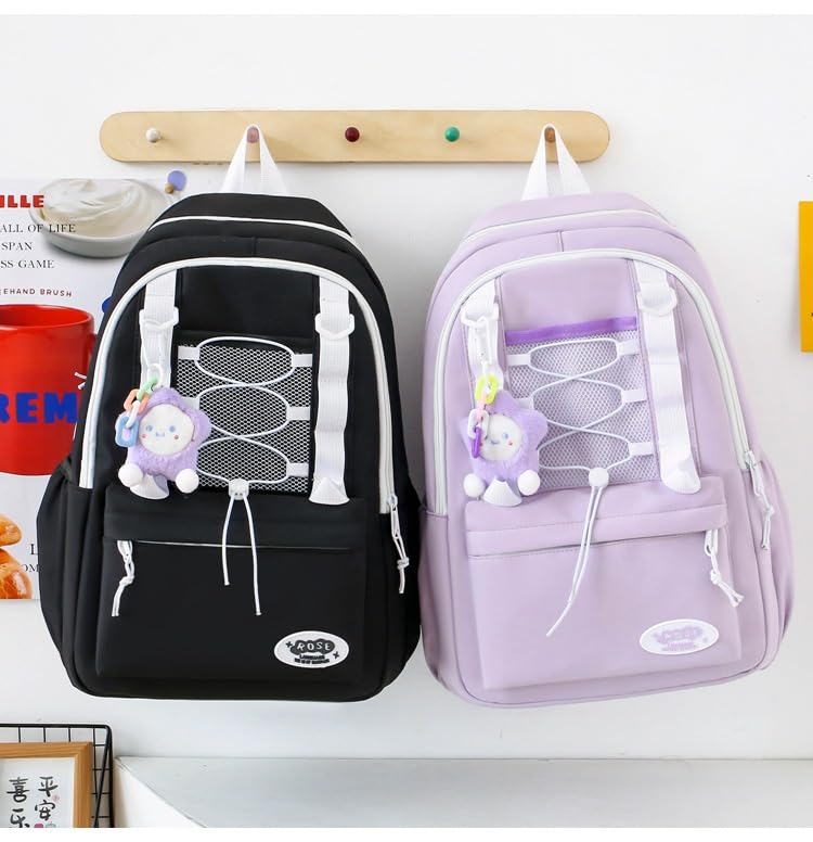 College Style Backpack Set of 3, Kawaii Simple Stylish 3-In-1 Bookbag Set, Cute Large Capacity Nylon Rucksack (Purple)3