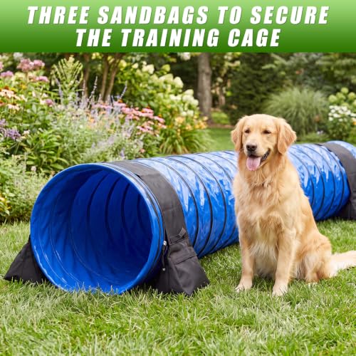 Image of Briwooody 24 in 16 Foot PVC Dog Agility Tunnel with Sandbags Dogs Agility Training Equipment Tunnel with 4 Pack Sandbags, Carry Bag and 4 Ground Spikes for All Medium Large Dogs(Blue)