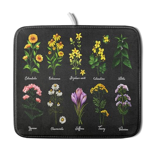 Black Flower Herbs Dish Drying Mat 16x18 Inch Botanical Floral Microfiber Drying Mats with Hanging Loop Foldable Absorbent Dish Drainer Rack Pad