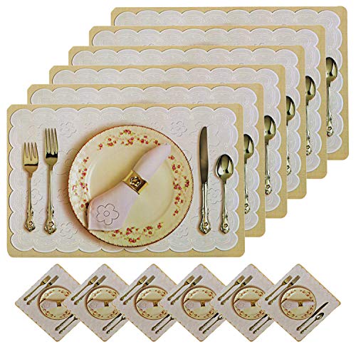 Heart Home Plate Design Floral PVC 6 Piece Dining Table Placemat Set with Tea Coasters – Cream CTHH05699
