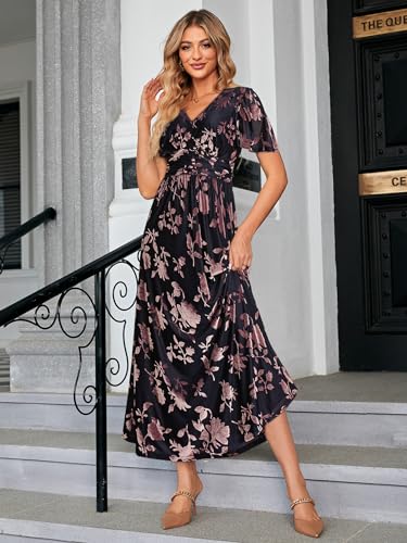 Image of Simplee Women's V Neck Velvet Maxi Dress Short Sleeve Empire Waist Long Formal Dress for Wedding Guest