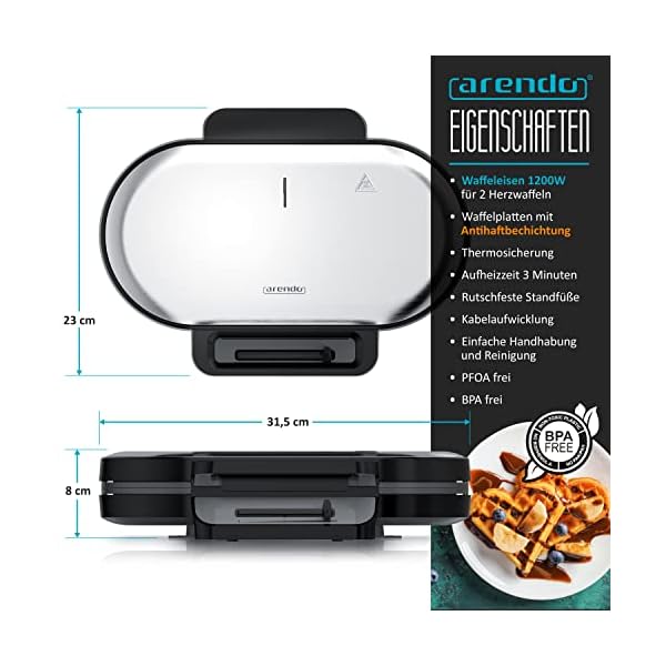 Arendo - Waffeleisen 1200 Watt – Waffelautomat doppelt – 2 Waffeln à 14 cm - Antihaftbeschichtung – Herzform - Thermostat – Backzeit nur 1 Minute – Überhitzungsschutz - BPA und PFOA frei – Bild 4