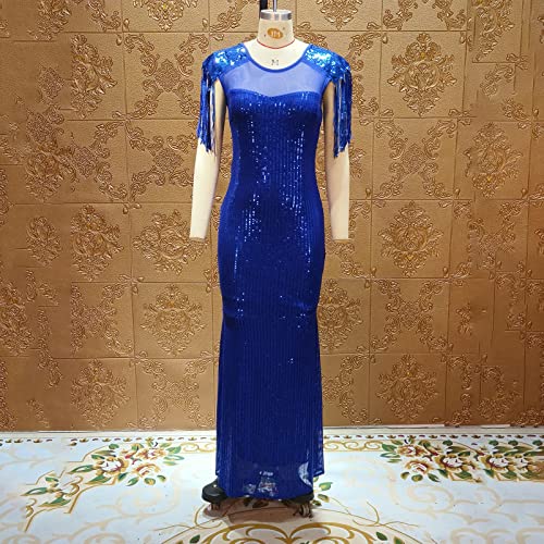 Image of Cololura Sexy Sequin Tassel Mesh Perspective Party Cocktail Bodycon Evening Club Maxi Dress