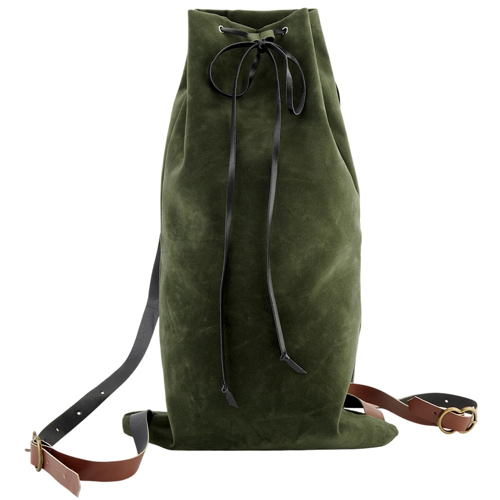 GORGECRAFT Medieval Drawstring Backpack Vintage Fibre Bag with PU Leather Straps Alloy Clasps Portable Pouch for SCA LARP Reenactment Ren Fair Cosplay Outdoor Gym Swim Beach Dark Olive Green 18x10.8in