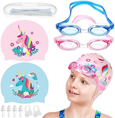 Geyoga 2 Set Swim Cap Kids Unicorn Silicone Waterproof Age 2-12 C...
