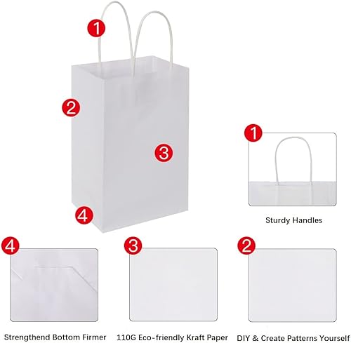 Miniatura 6 de Oikss Cada paquete de 100 bolsas de regalo de papel kraft blanco pequeño y mediano con asas a granel