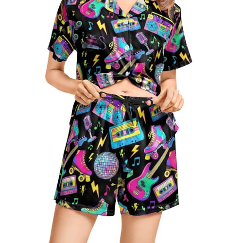 Image of Funny Pajamas for Women Set Print Satin Loungewear Pjs Short Sleeve Button Down Top and Shorts Sets Sleepwear XS-3XL
