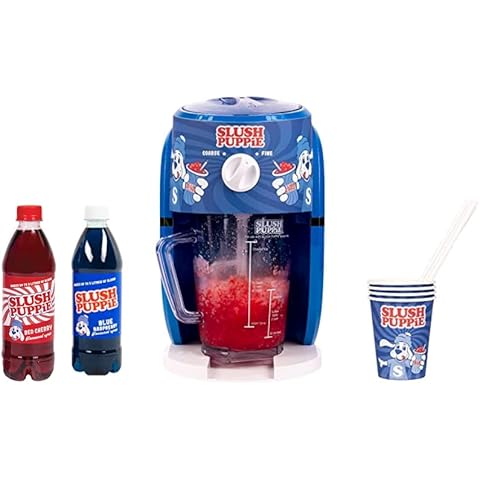 Fizz Creations SLUSH PUPPiE Machine Set. Includes 500ml Blue Raspberry Syrup, 500ml Red Cherry Syrup & 4 Paper Cups and Straws. Officially Licensed SLUSH PUPPiE Merchandise Cover