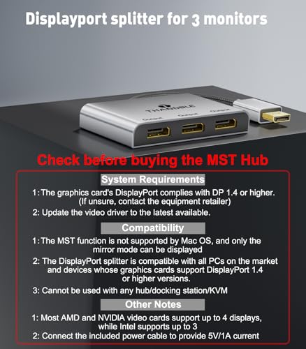 Image of DisplayPort Splitter for Multi Monitor Extended Display, 4K 60Hz 3xDP MST Hub Display Port to 3 Display Port 1 in 3 Out Adapter for NVIDIA, AMD, PC, Windows