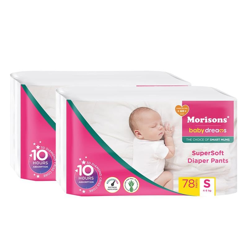 Image of Morisons* babydreams THE CHOICE OF SMART MUMS Morison babydream THE CHOICE OF SMART MUMS Super Soft Diaper Pant S 156 Count 78 Count Pack of 2
