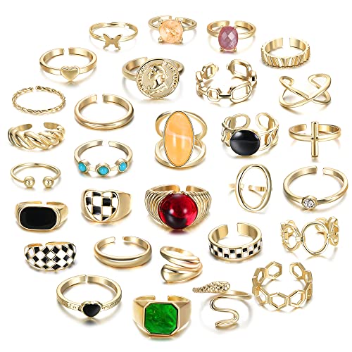 Florideco 30Pcs 18K Gold Chunky Rings For Women Gold Plated Rings Chunky Twisted Signet Rings Stackable Knuckle Midi Rings Adjustable Open Ring Sets #TOP6