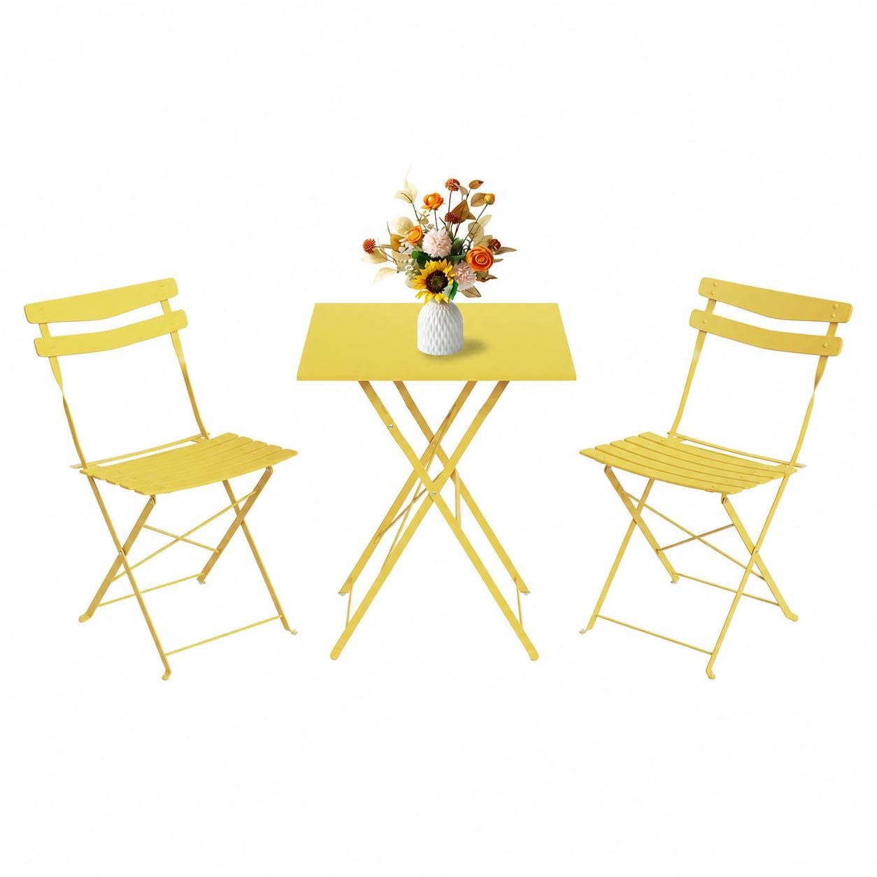 AffinityFurn Folding Patio Furniture Set, 3 Piece Square Bistro Table and Chairs Set,Easy to Storage, Weather Resistant,Outdoor Balcony Table Set for Lawn,Yard, Garden, Yellow