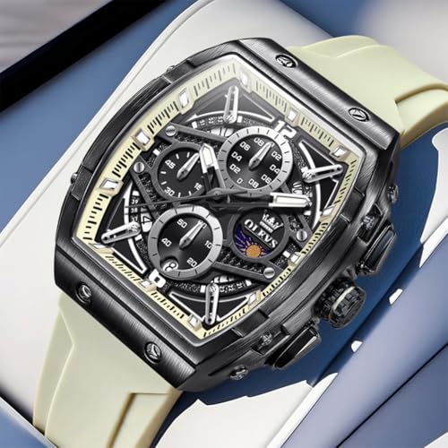 Image of OLEVS Men Watches Business Dress Chronograph Big Square Quartz Analog Male Watch Silicone Strap Waterproof Date Gift Mens Wrsit Watch Silver