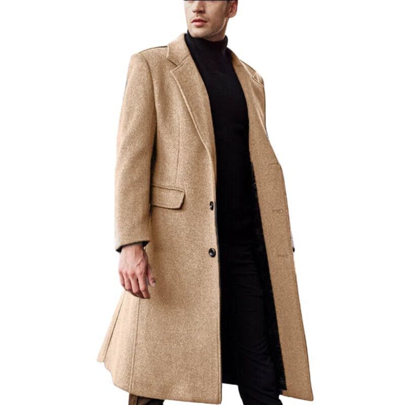 Men's Wool Blend Long Trench Coat Single Breasted Slim Fit Winter Jacket