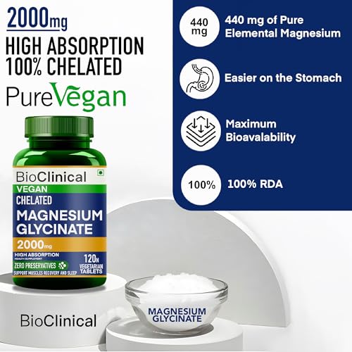 Image of BioClinical Magnesium Glycinate Supplement 2000mg 120 Veg Tablets -High Absorption Chelated Magnesium Supplement Supports in Muscle Recovery, Sleep & Nerve Health for Men & Women -Zero Preservatives