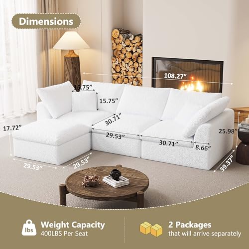 Image of Modular Sectional Sofa Couches L-Shape Couch 3 Seat Modular Sofa Memory Foam Sectional Couches for Living Room (White, 108 inch+3 Seater+1 Ottoman)