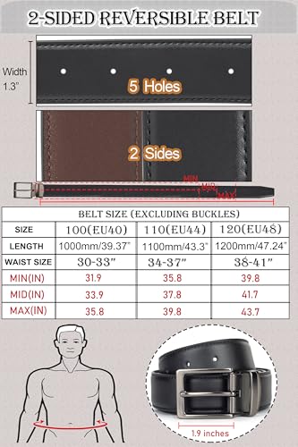 Reversible Belt for Men Black Brown Leather Belt with Alloy Pin Buckle, Mens Dress Belt for Work Casual, 1.3" Wide3