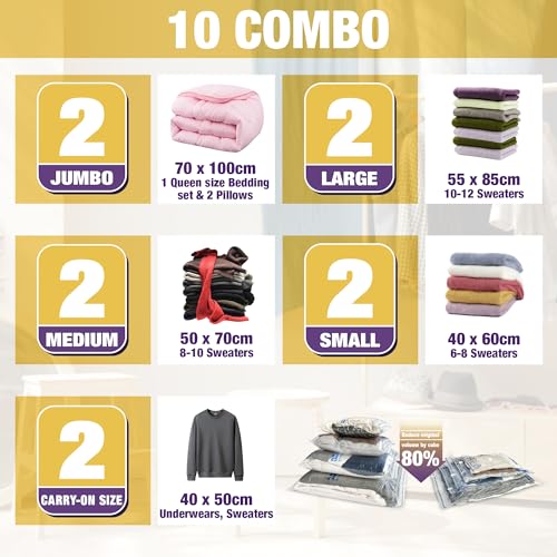 Image of HIBAG Vacuum Storage Bags, 10-Pack Vacuum Seal Bags for Clothing Clothes, Space Saver Bags (2 Jumbo, 2 Large, 2 Medium, 2 Small, 2 Roll-up) with Pump (10-Combo) | Various Size, Airtight Triple Seal, Save 80% Space, Hand Pump, Work with Vacuum, Double Zip, Reusable, Easy to Use
