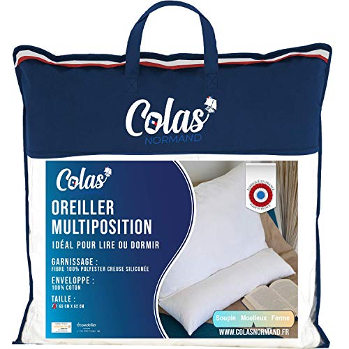 COLAS NORMAND - Oreiller Multipostion - Moelleux - 62 x 65 cm - 100% Coton - Ergonomique - Oreiller de lecture - Cale dos - Canapé et Lit - Réglable - Lavable - Fabrication française - Blanc Cover