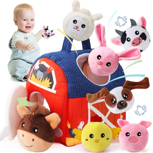 USHOP Juguetes Bebes 6-12 Meses,Set de Granja Blanda con 6 Animales,Animales de Granja Montessori Juguetes Sensoriales con Sonajas,Espejo,Granero,Arrugas,Juego de Aprendizaje para Bebes 3 6 12 Meses